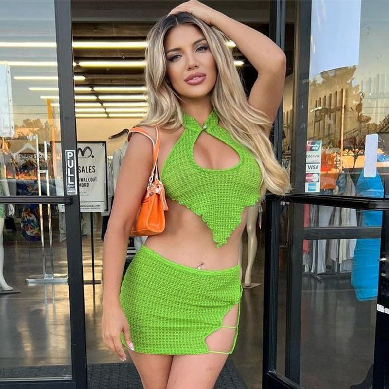 Women Clothing Summer Sleeveless Sexy Wrapped Chest Hollow Out Cutout out Mid Length Skirt Set Green