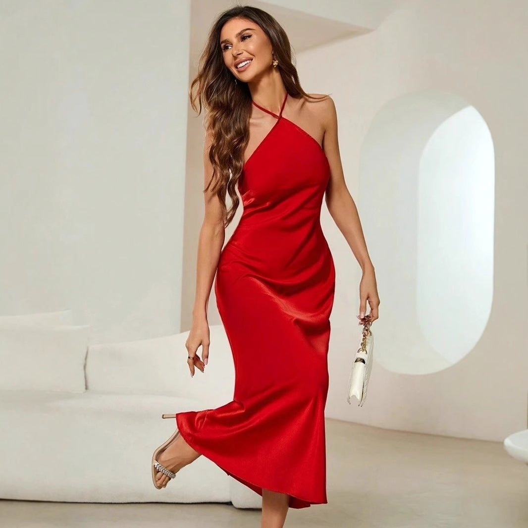 Women Sexy Dress Spring Autumn Evening Dress Satin Strap Maxi Dress