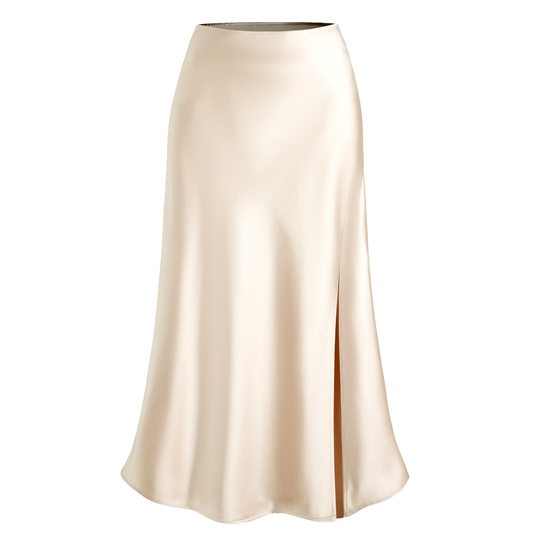 Women Clothing Satin Skirt High Waist Elastic Oblique Slit Long Skirt Sexy Hip Skirt Ivory