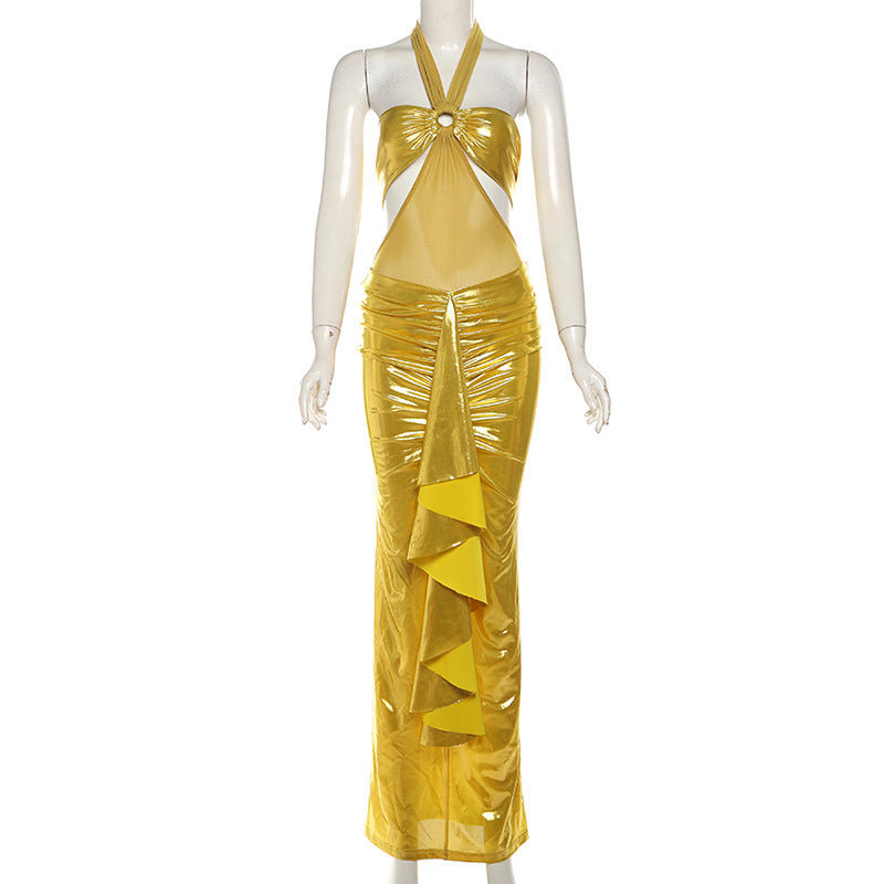 Winter Women Clothing Sexy Halter Jumpsuit Pleating Glossy Sexy Skirt Set Yellow