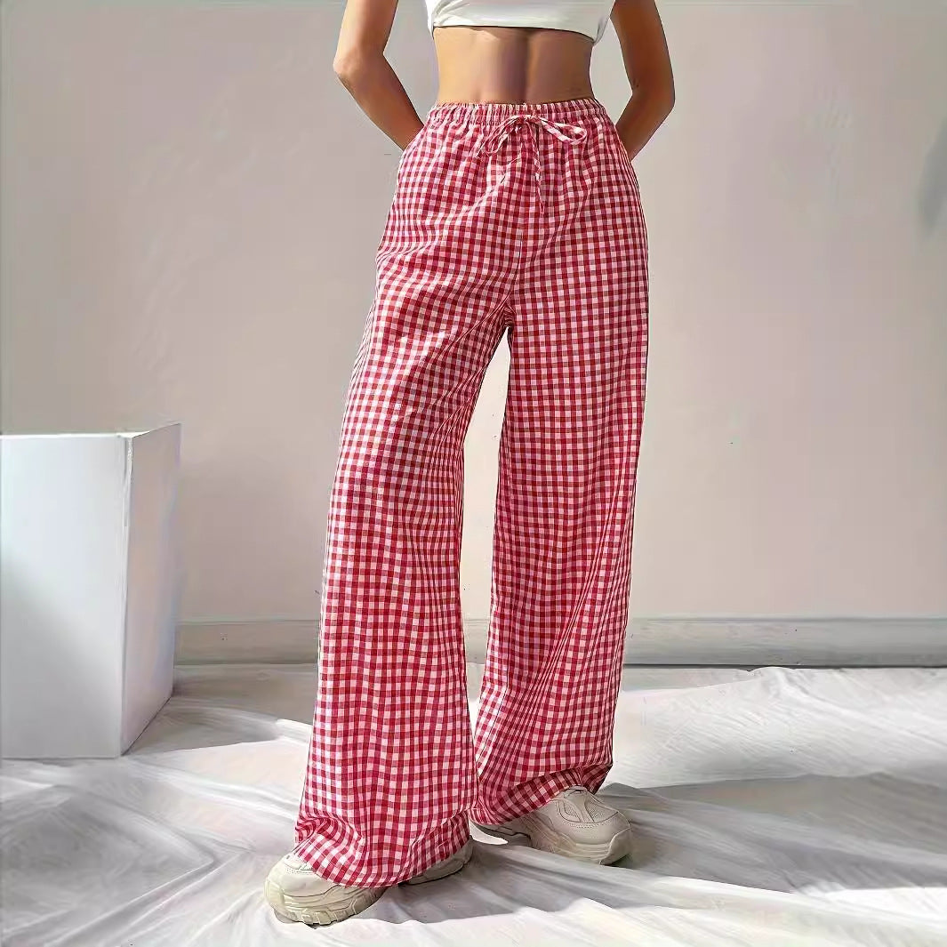 Women Spring Autumn Loose Fitting Pink Plaid Drawstring Casual Wide Leg Pants