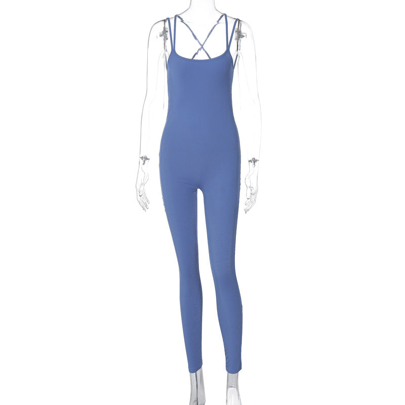 Winter Women Clothing Solid Color Rib Sexy Backless Slim Fit Sports Jumpsuit Blue