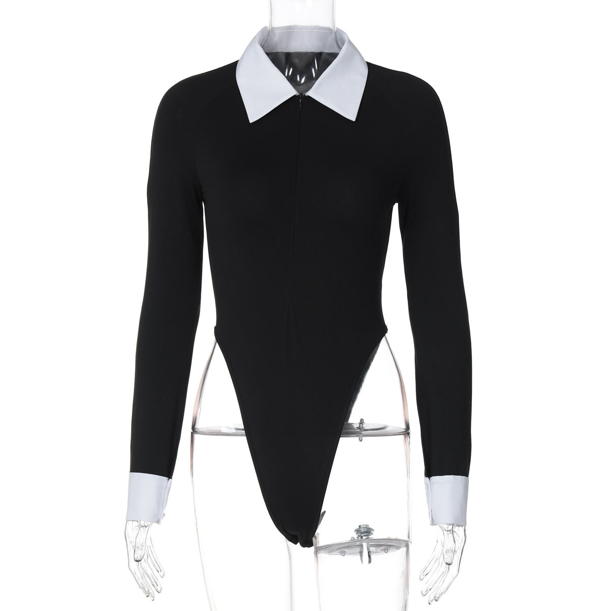 Women Autumn Color Matching Shirt Collar Sexy Tight Long Sleeve Cropped Outfit One Piece Bottoming Shirt Top Black