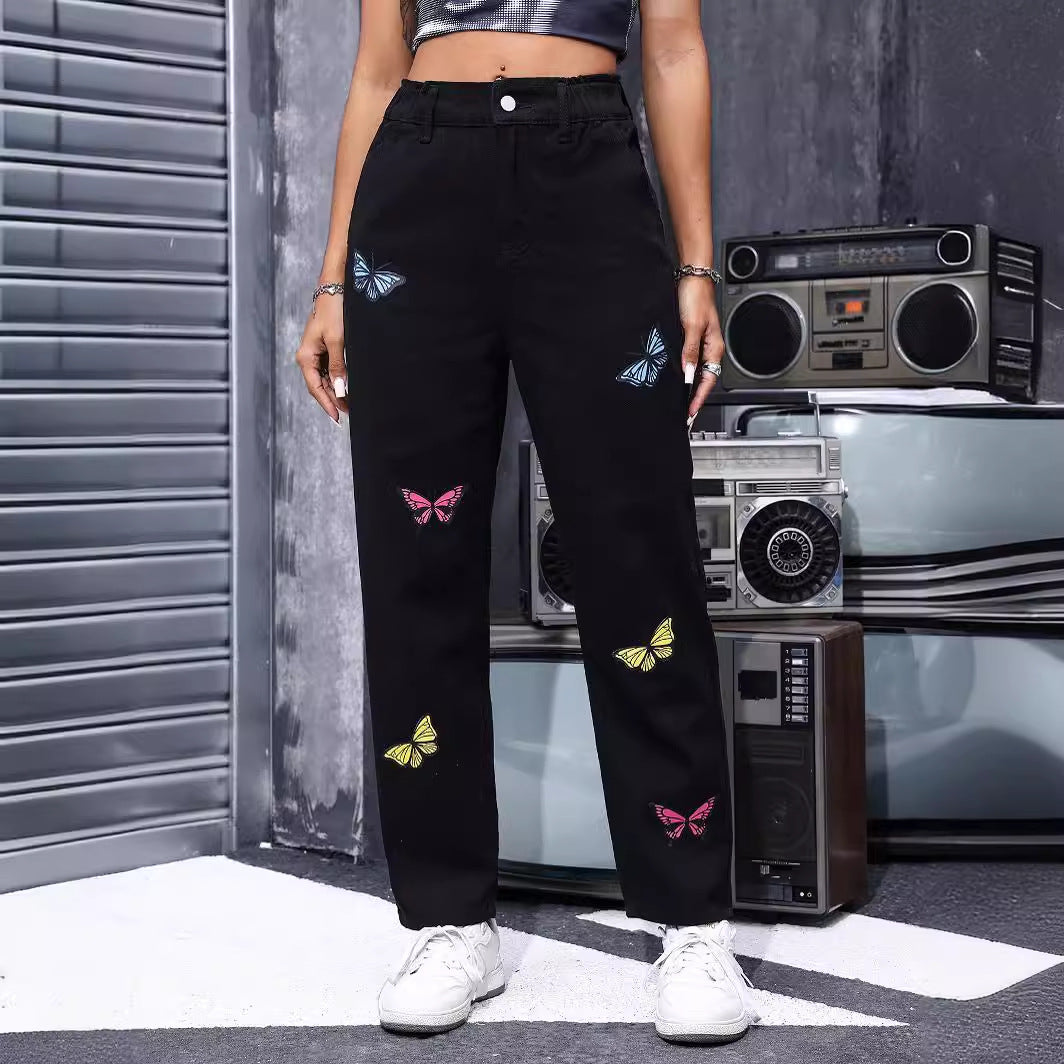 Women Spring Summer Elastic Straight Leg Denim Trousers Butterfly Print Casual Slimming Black