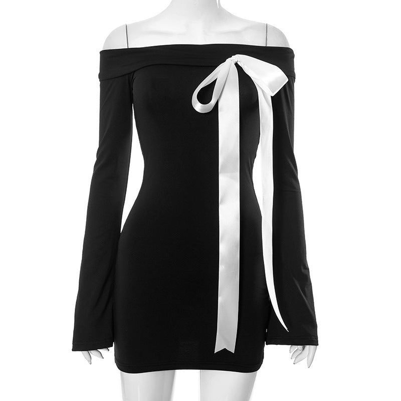 Women Clothing Spring Summer Long Sleeve off Shoulder Bow Sheath Sexy Dress Black