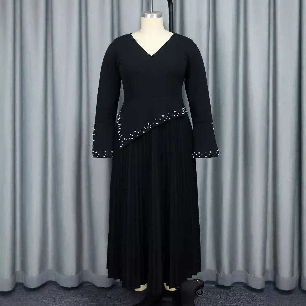 V neck Bell Sleeve Simple A line Dress Party Cocktail Beaded Dress Dresses Black