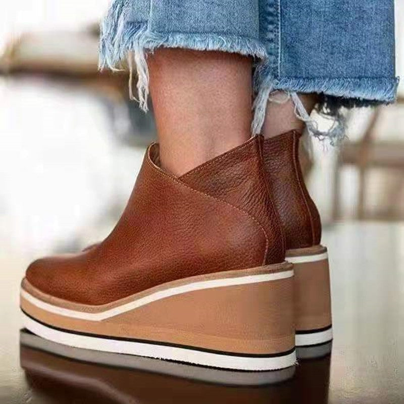 Wedge Thin Short Boots for Women Autumn Winter Side Zipper Mid Heel Leather Surface Ankle Boots Dark Brown