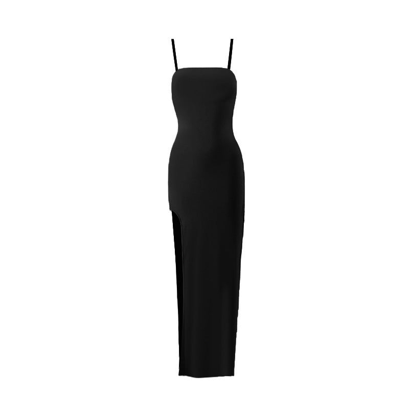 Summer Sexy Sling Backless Side Slit Solid Color Maxi Dress Women Clothing Black