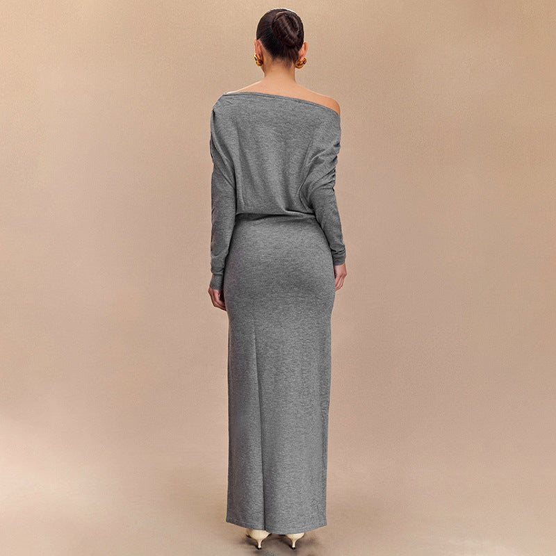 Women Clothing Solid Color Diagonal Collar Drop Shoulder Long Sleeve Waist Tight Maxi Dress