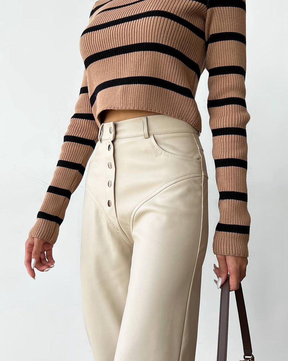 Women Autumn Winter High Waist Leather Stitching Trousers Women Casual Pants Leather Pants Ivory