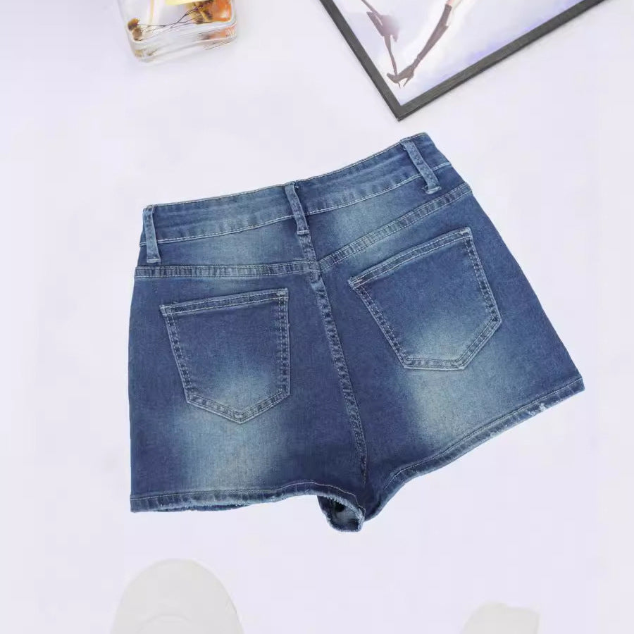 Women High Elastic Denim Shorts Ripped Worn Comfortable Slimming Street