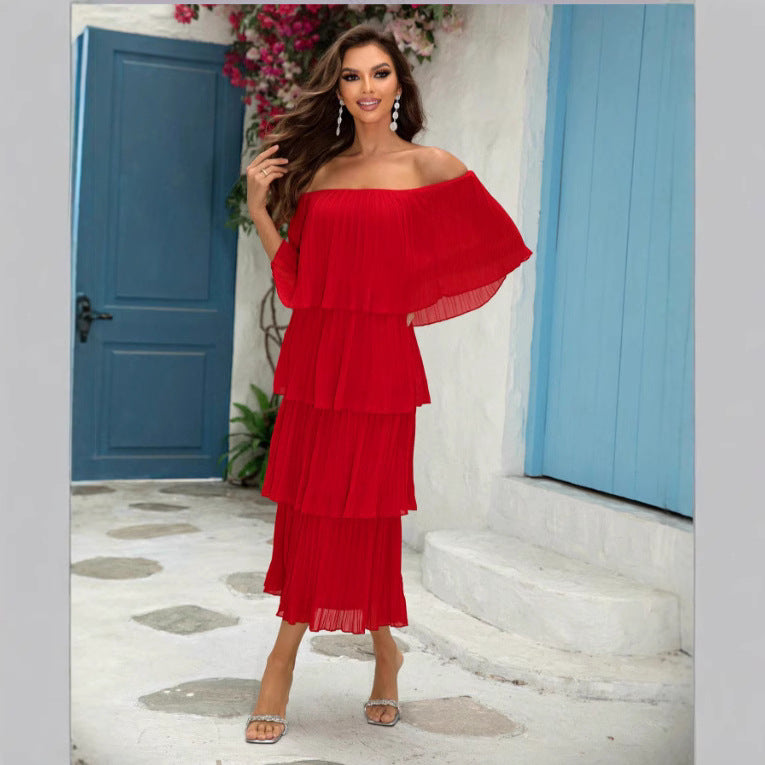 Women Clothing Elegant Boat Neck Pleated Ruffled Dress Maxi Dress