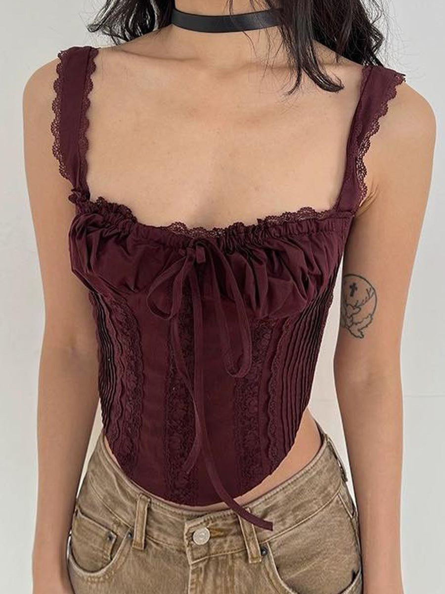 Women Clothing Lace Stitching Lace up Short Irregular Asymmetric Sexy Top Sexy Camisole Women Brown