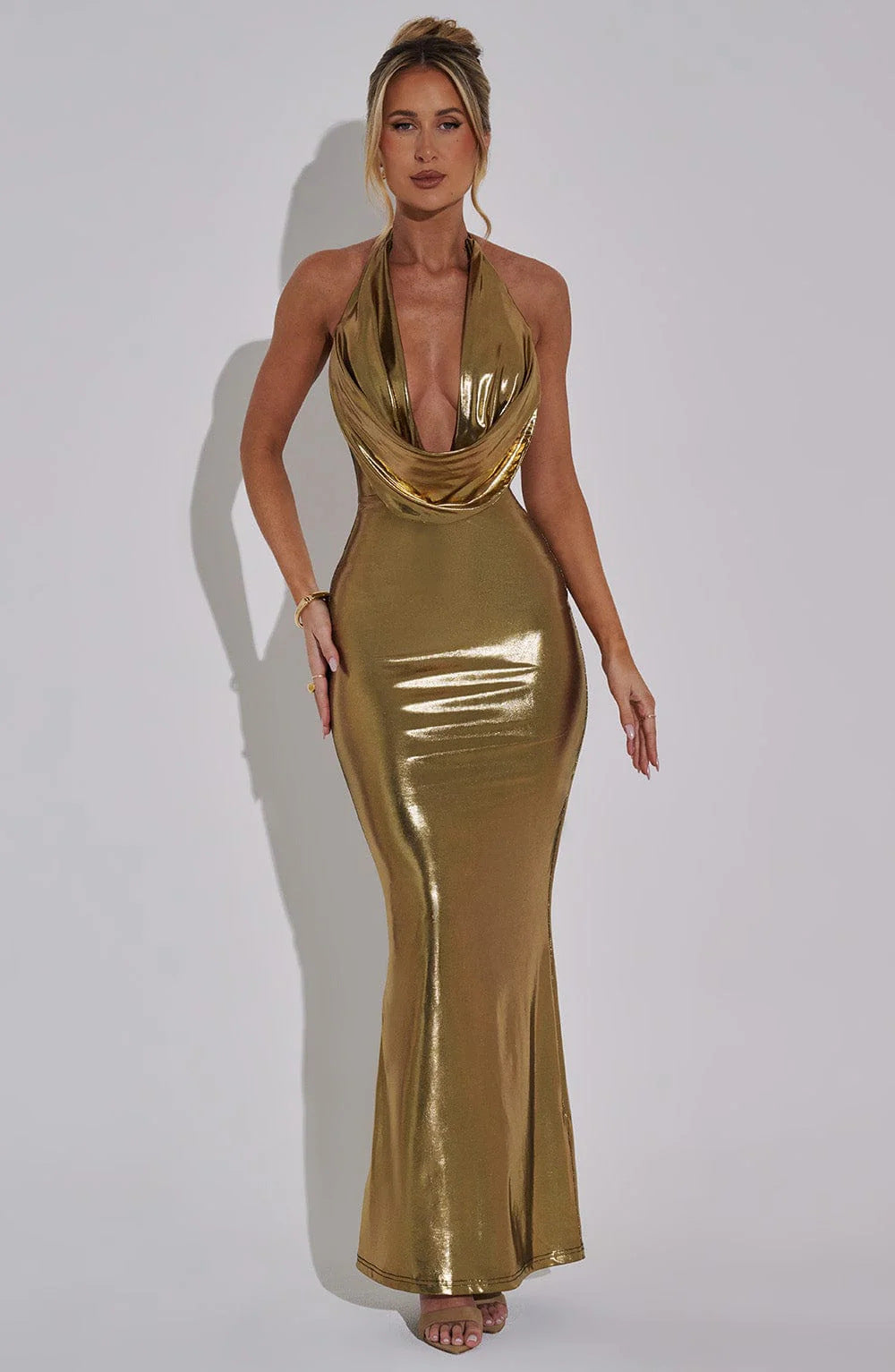 Women Clothing Sexy Dress Tight Sequin Dress Sexy Swing Collar Halterneck Maxi Dress Gold