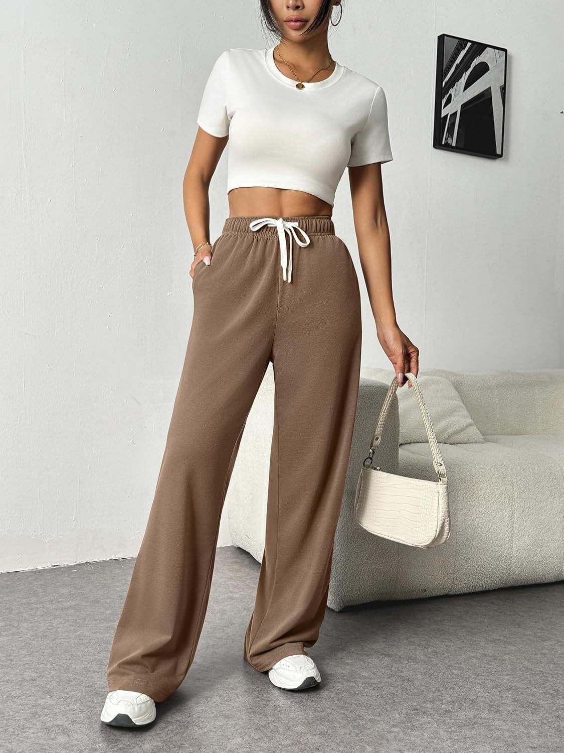 Women Autumn Winter Wide Leg Track Pants High Waist Loose Casual Drawstring Fitness Pant Belt Pocket Brown