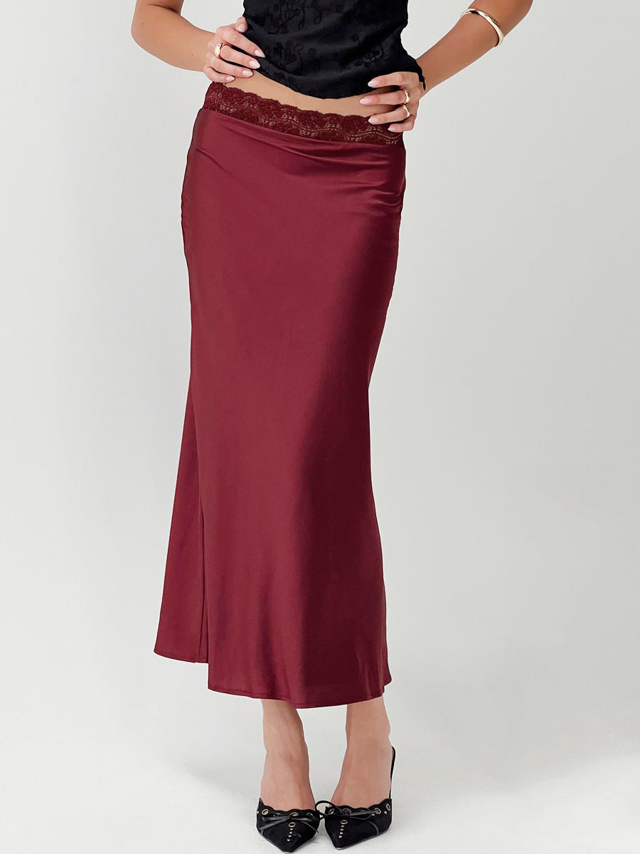 Women Clothing Lace Waist Satin Skirt Fashionable Sexy Elastic Sheath for Women Burgundy