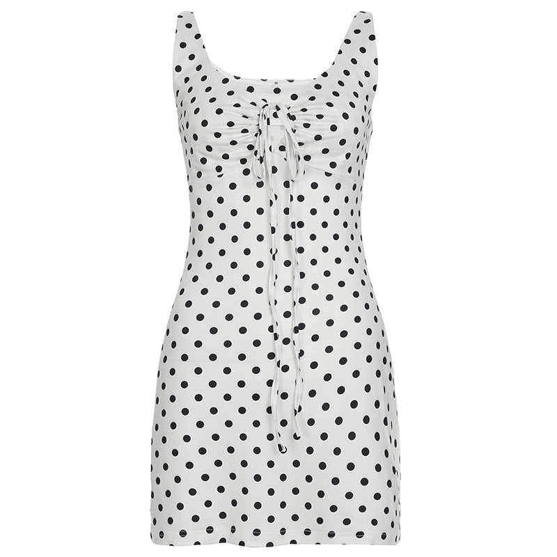 Summer Polka Dot Printed Waist Controlled A line Sexy Mini Strap Dress White