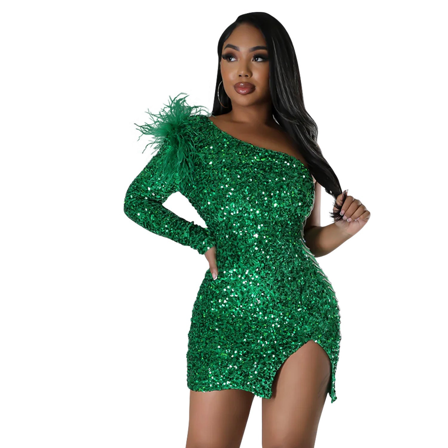 Women Wear Sexy One Shoulder Sequined Split Sheath Dress Green