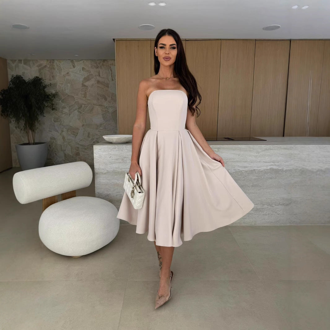 Women Clothing Women Clothing Summer Solid Color Wrapped Chest Midi Dress