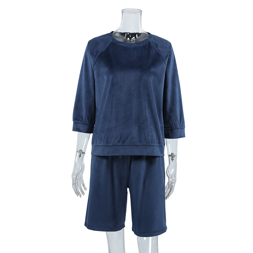 Velvet Warm Three Quarter Sleeve Shorts Two Piece Set High Grade Knitted Ladies Homewear Blue