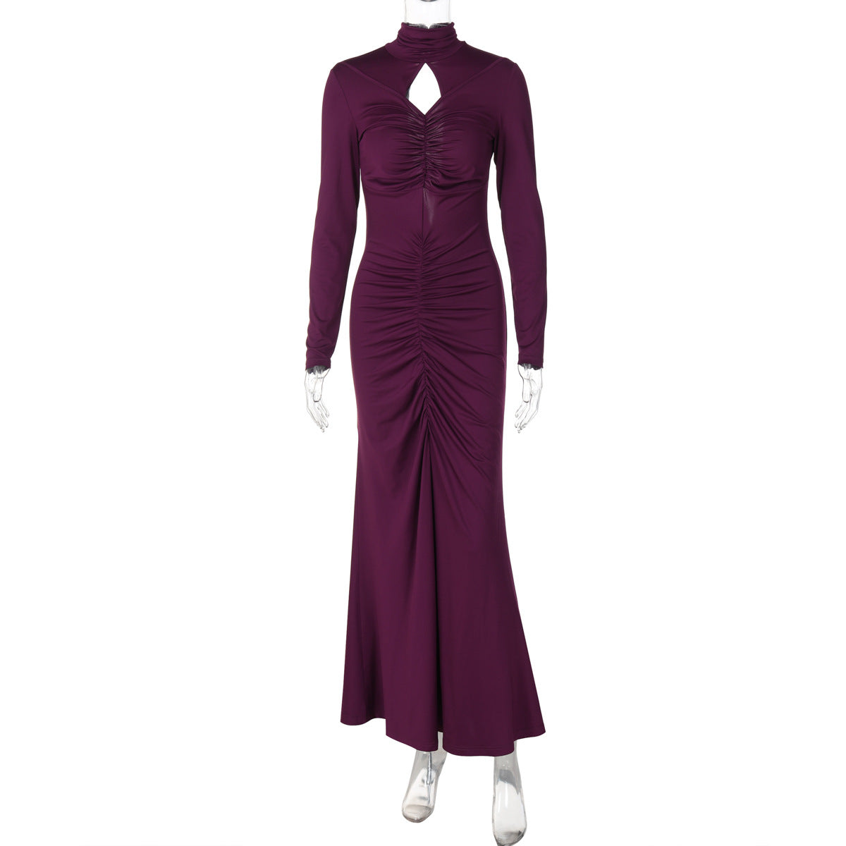 Women Clothing Winter High Collar Hollow Out Cutout Slim Pleated Solid Color Long Sleeve Dress Women Purple