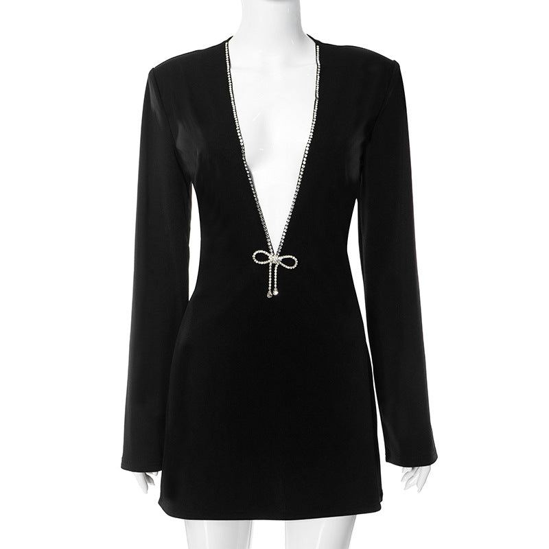 Women Clothing Autumn Winter V neck Long Sleeve Sexy Dress Black