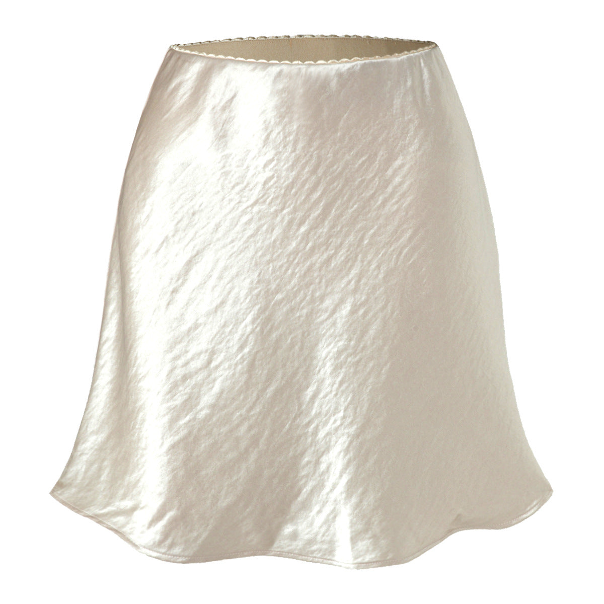 Women Lace Satin Skirt Texture Scratch Elastic Skirt Simple Mini Skirt Ivory