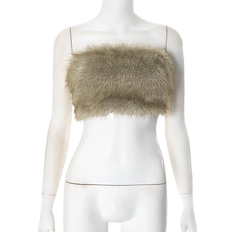 Women Clothing Winter Sexy Furry Backless Tube Top Short Top Khaki