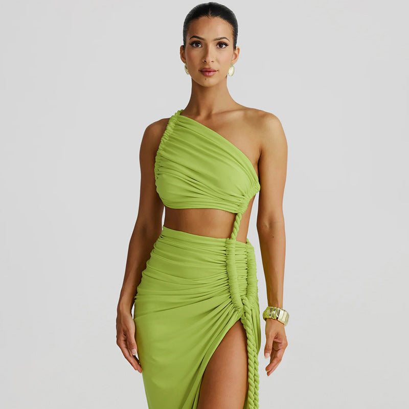 Women Clothing Spring Summer Shoulder Tube Top Backless Hollow Out Cutout Lace Pleated Dress Green