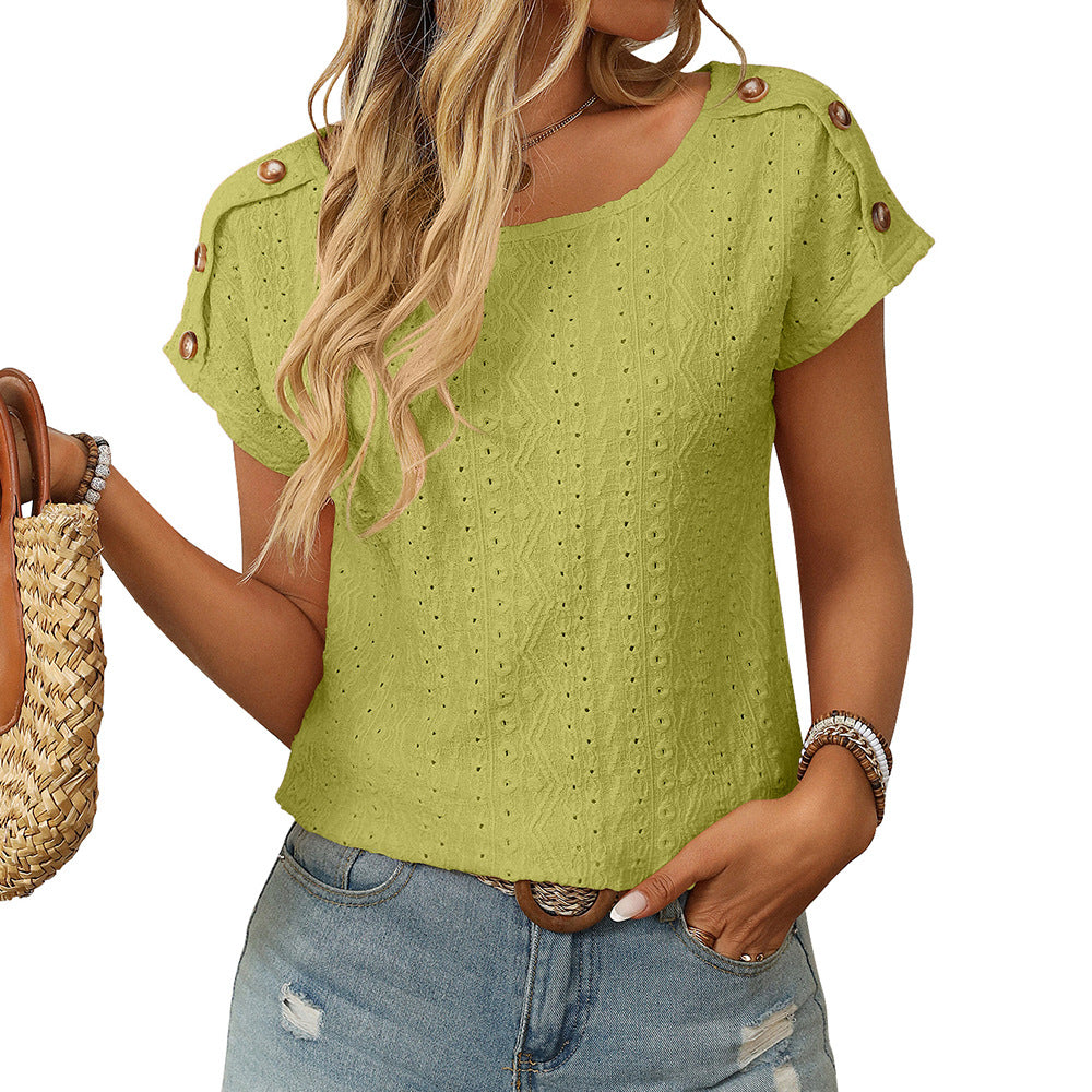 Women Clothing Spring Summer Solid Color round Neck Button Short Sleeve T shirt Hollow Out Cutout Top Mustard Yellow