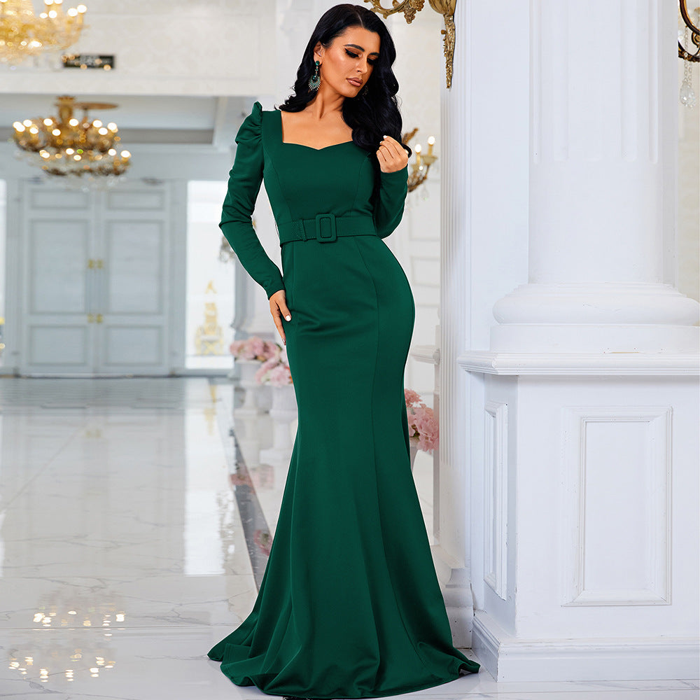 U Neck Long Sleeved Elegant Slim Fit Long Solid Color Cocktail Bridesmaid Dress Evening Dress Women