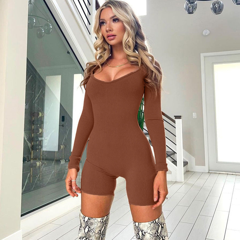 Women Clothing Spring Solid Color U Collar Slim Fit Slimming Long Sleeves Jumpsuit