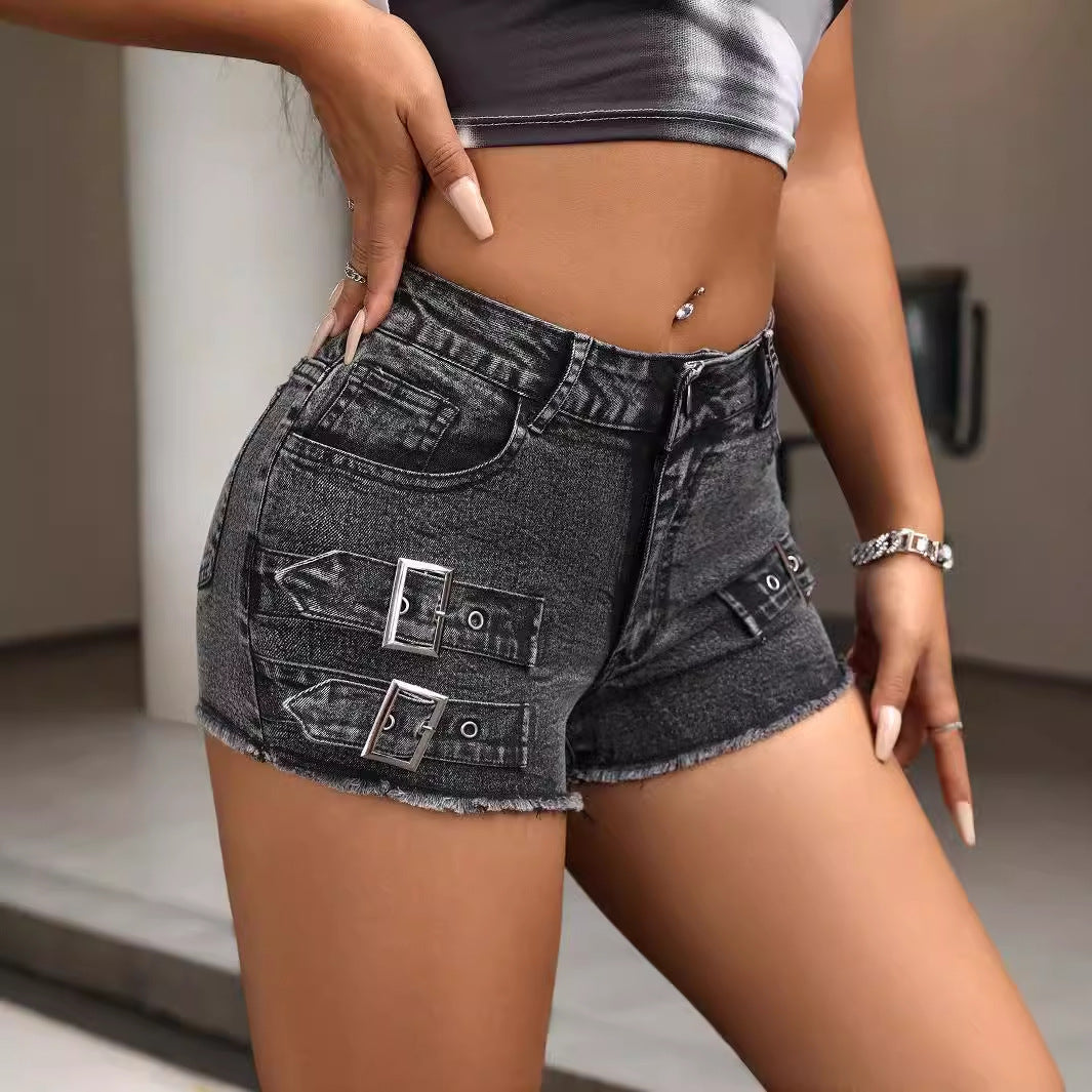 Women Clothing Metal Buckle Burr Stretch Denim Shorts