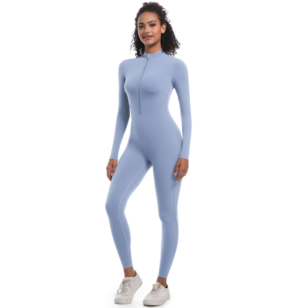 Zipper Nude Feel Long Sleeve Yoga Jumpsuit High Strength Running Fitness Clothes Sports Trend One Piece Tights Blue