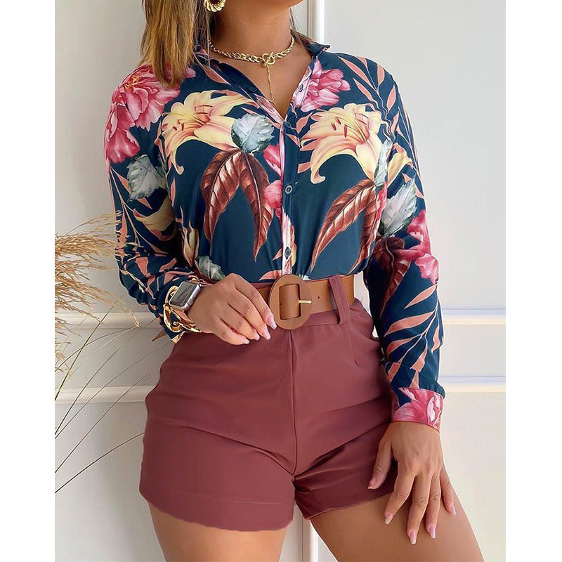 Women's Clothing Two Piece Sets Arrival Young Digital Printing Stand Collar Long Sleeve Shirt Women Tops Red Brown Top