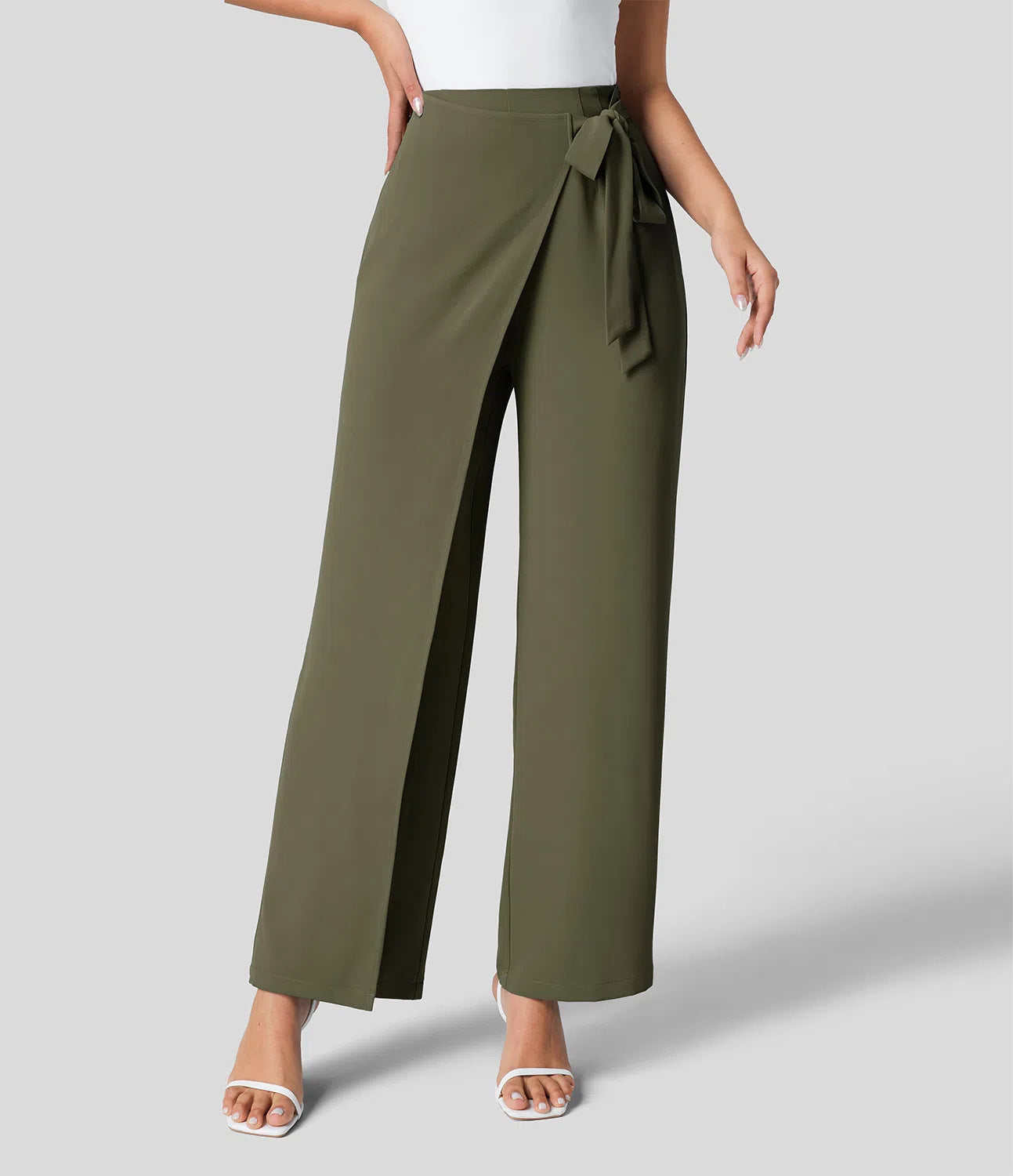 Workwear Women Work Pant Casual Texture Wide Leg Professional Trousers Belt Pants Dark Green