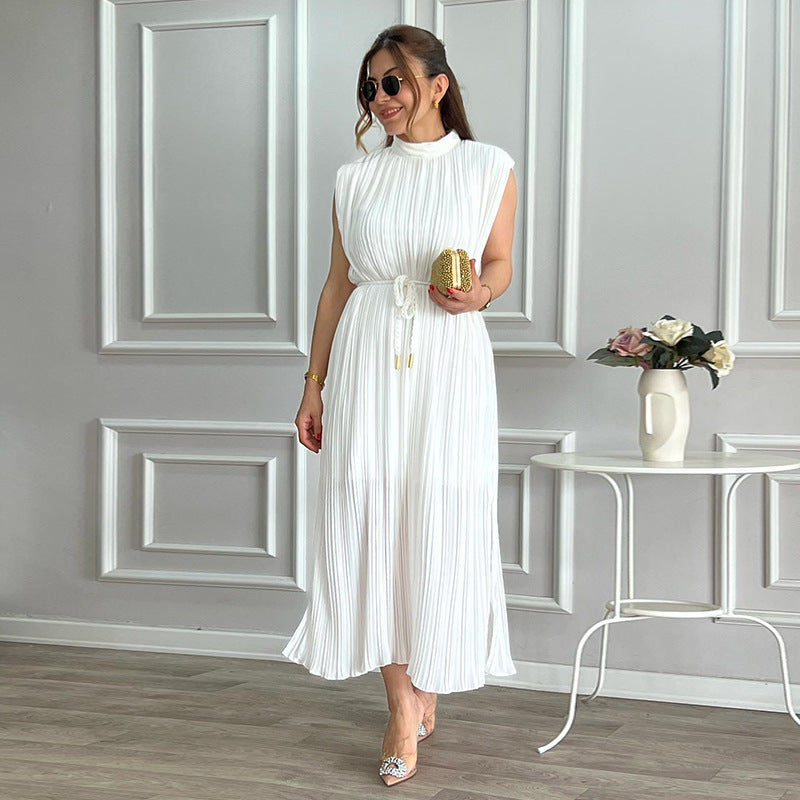 Women Clothing Spring Summer Simple Half Turtleneck Waist-Controlled Lace up Mid Length Dress White