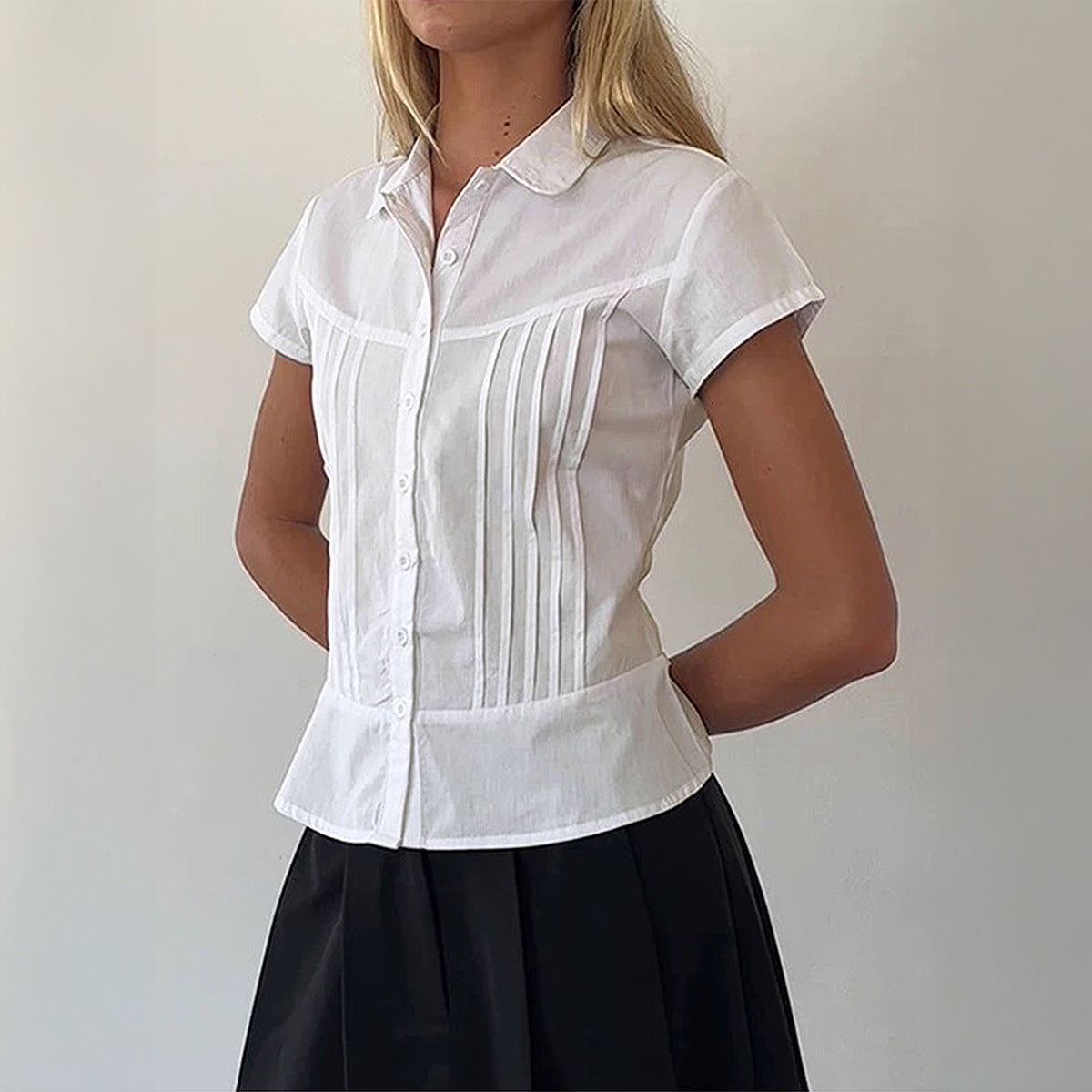 Spring Summer Casual Tight Waist Solid Color Short Sleeved Shirt Pleated Shirt Women Clothing