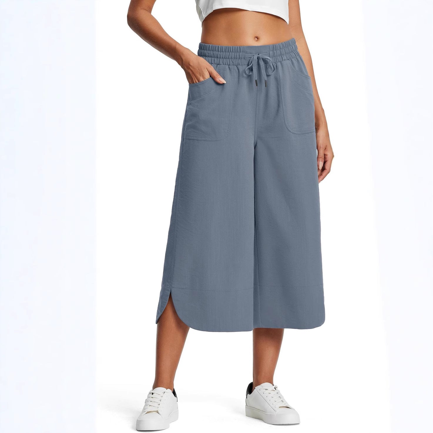 Spring Summer Elastic Waist Solid Color Wide Leg Loose Casual Cropped Pants for Women