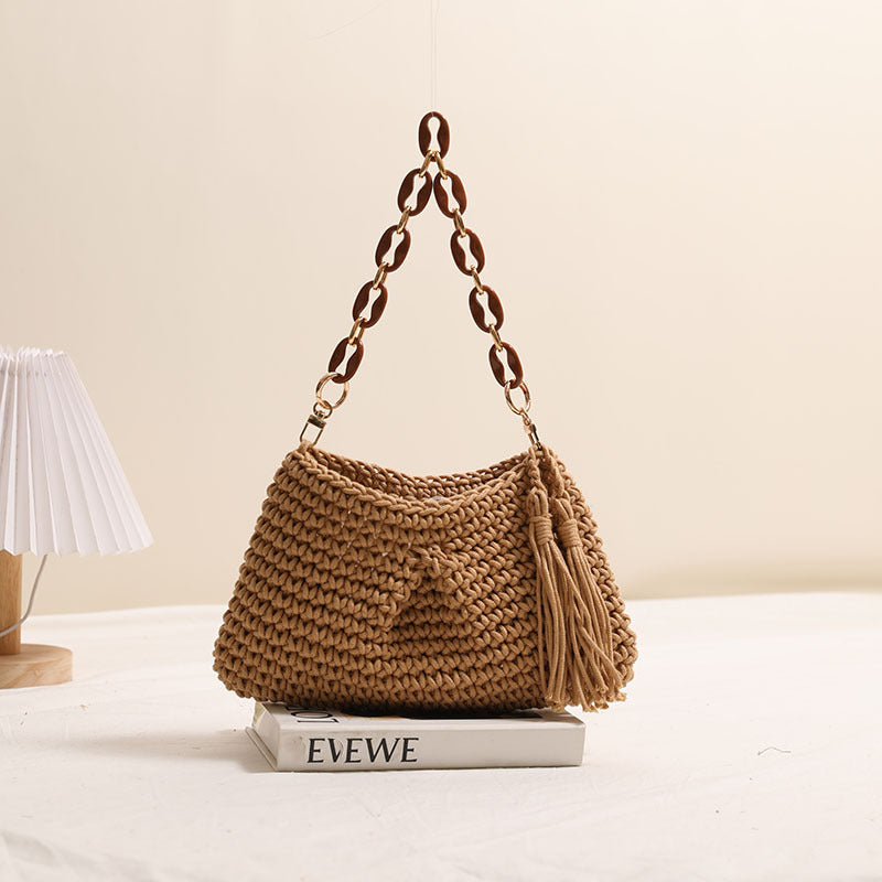 Underarm Cotton Thread Woven Bag Tassel One Shoulder Straw Bag Vacation Beach Bag Niche Women Bag One Size Clip Tassel Coffee