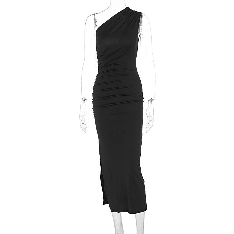 Summer Shoulder Solid Color Split Sleeveless Sexy Sexy Slim Fit Dress Black