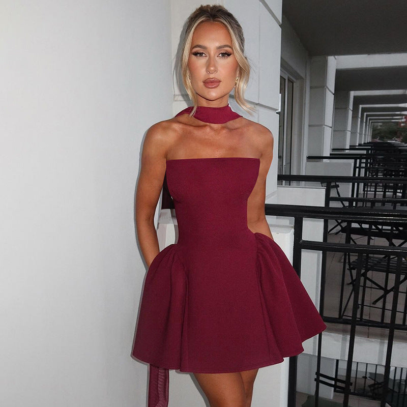 Women Clothing Winter Sexy Back Zipper Tube Top Short Type Dress Burgundy