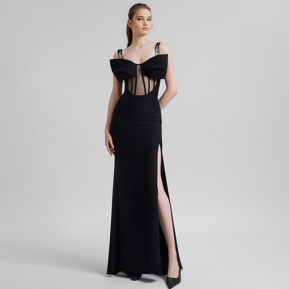 Winter Black Rhinestone Strappy Bow Semi Transparent Maxi Dress Slim Ladies Dress