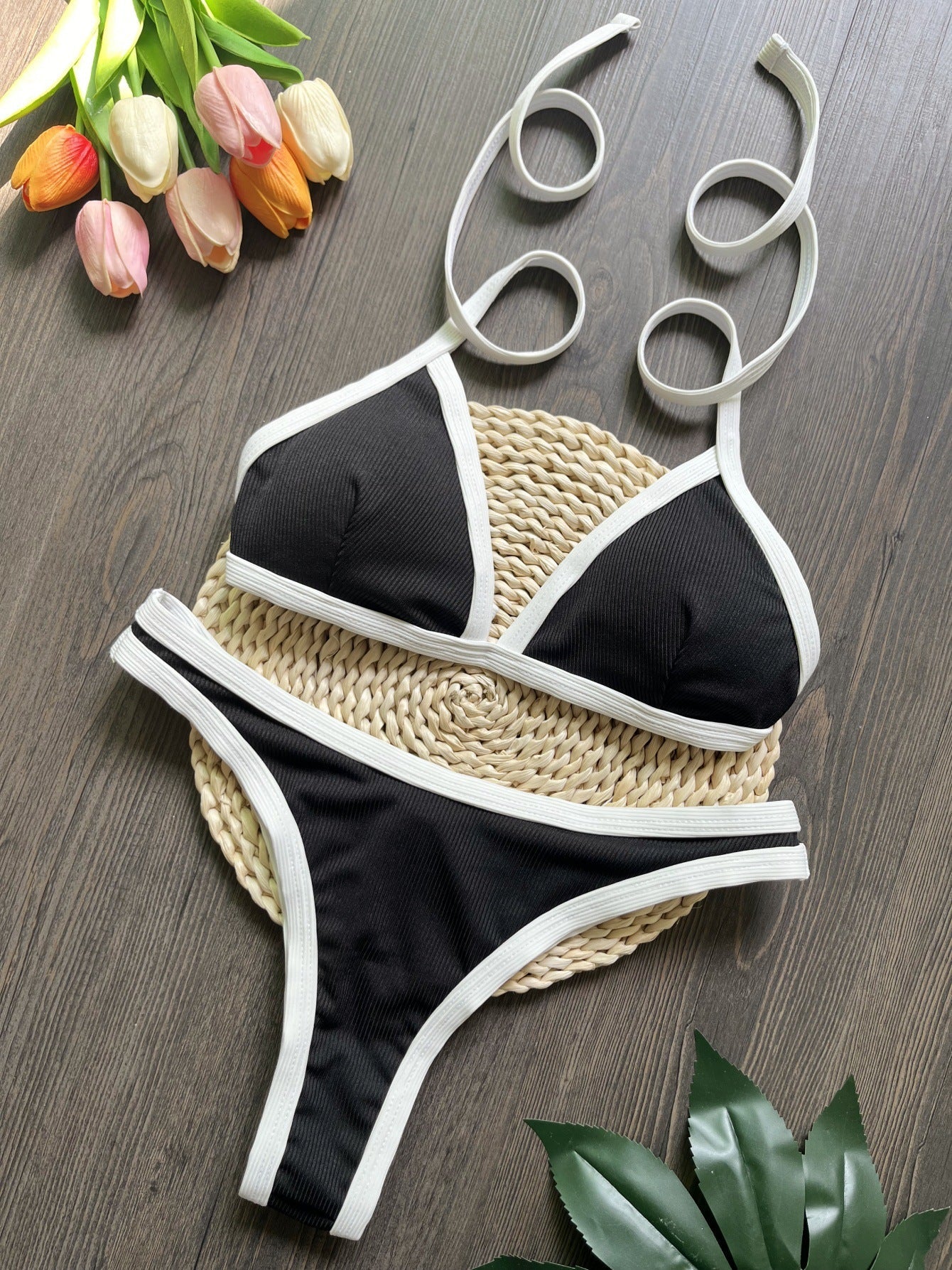 Sunken Stripe Black White Bikini Swimsuit Beach Sexy Women Swimsuit Multi1