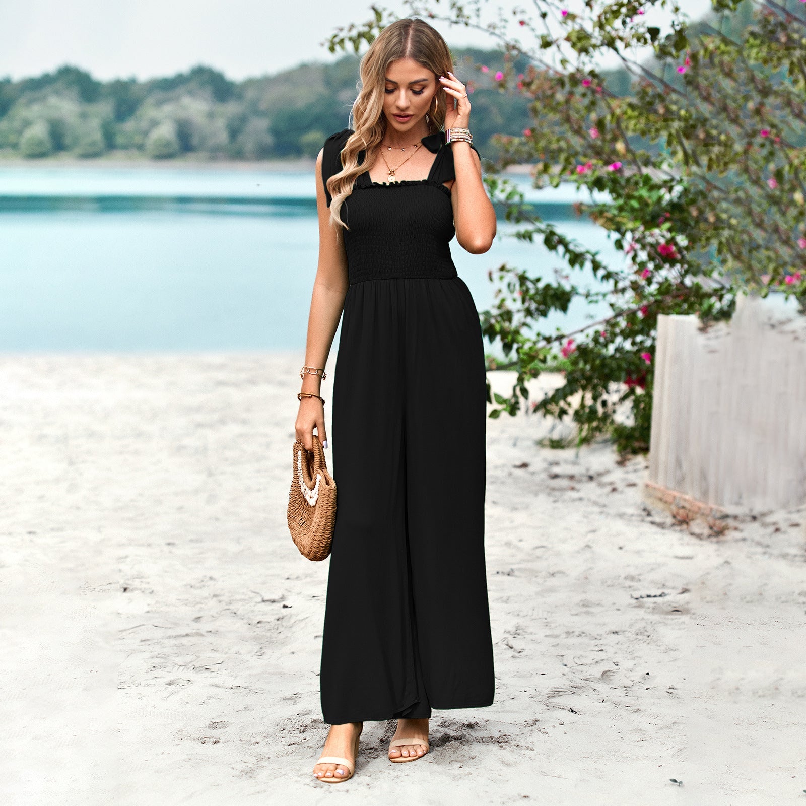 Women Clothing Spring Summer Casual Solid Color High Waist Corset Sling One Piece WideLeg Pants Black