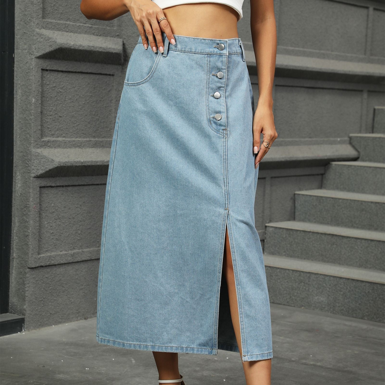 Washed Split Button Denim Skirt Mid Length Skirt Women Light Blue