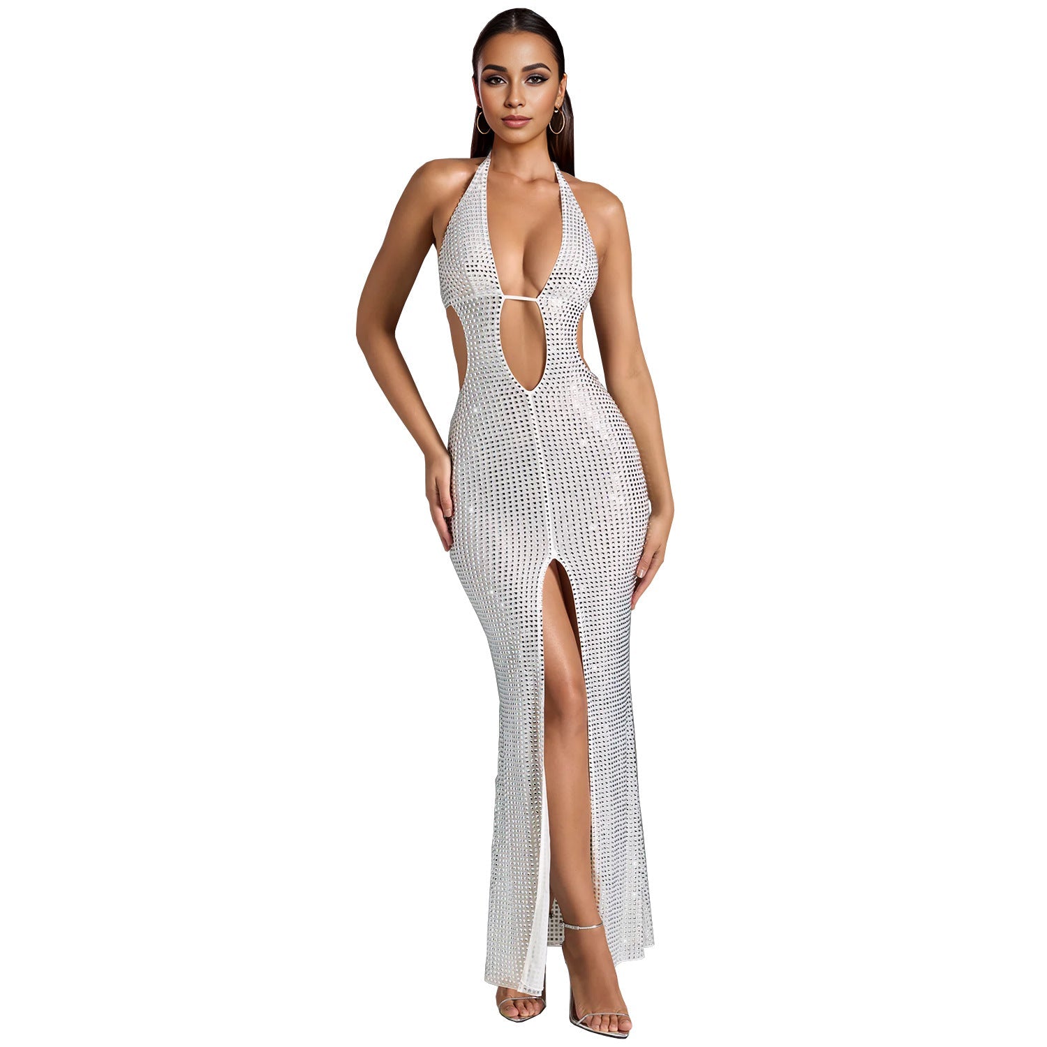 Women Wear Sleeveless Halter off the Shoulder Rhinestone Split Dress White