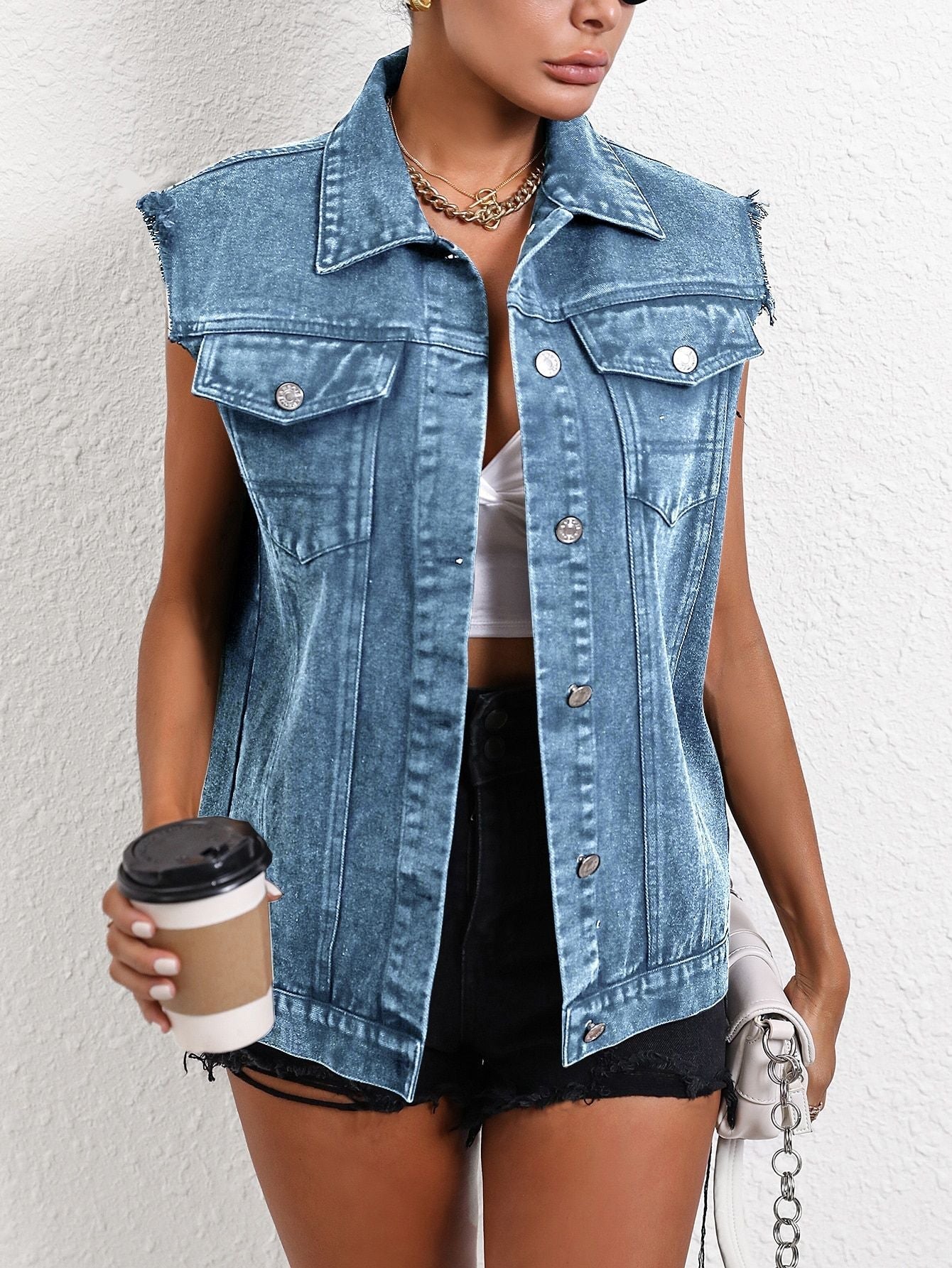 Women Clothing All Matching Graceful Commuting Denim Vest Coat Light Blue