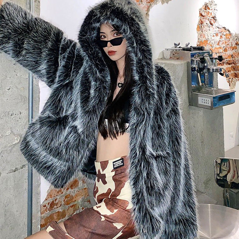 Women Faux Fox Fur Fur Hooded Jacket Women Online Influencer Winter Loose Fur Warm Lamb Wool Coat