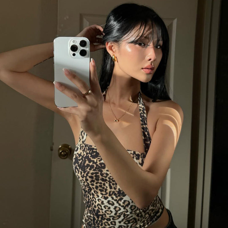 Summer Sexy Women Leopard Print Tube Top Halter Lace up Small Tank Top